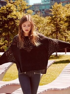 Free People Black Oversized Pointelle Ballet Knit Sweater L Boho Slouchy Batwing